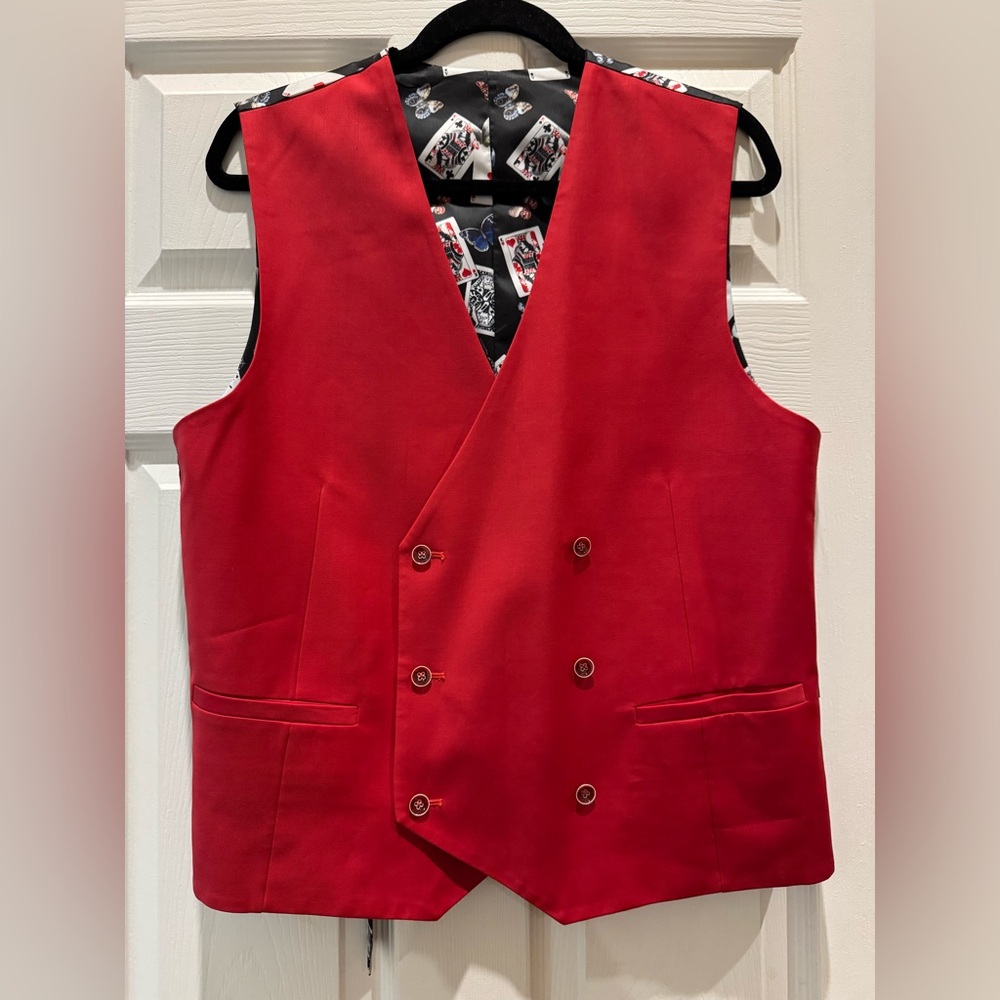 Garçon Couture Men's Double-Breasted Red Dress Vest with Playing Card Lining 42